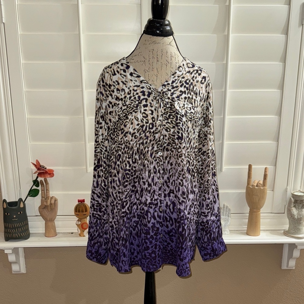 Chico's Ombré Button Animal Print Blouse Top
